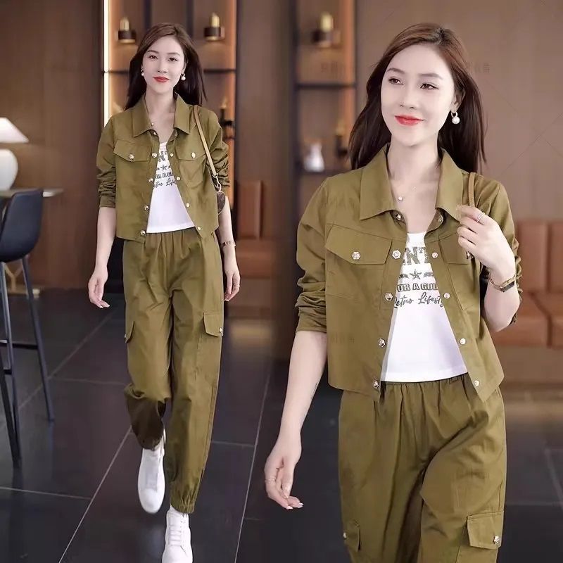 2026 Spring and Autumn New Fashion Sportswear Set for Women: Short Jacket and Versatile Jogger Cargo Pants Slimming Two-Piece Set - Image 4