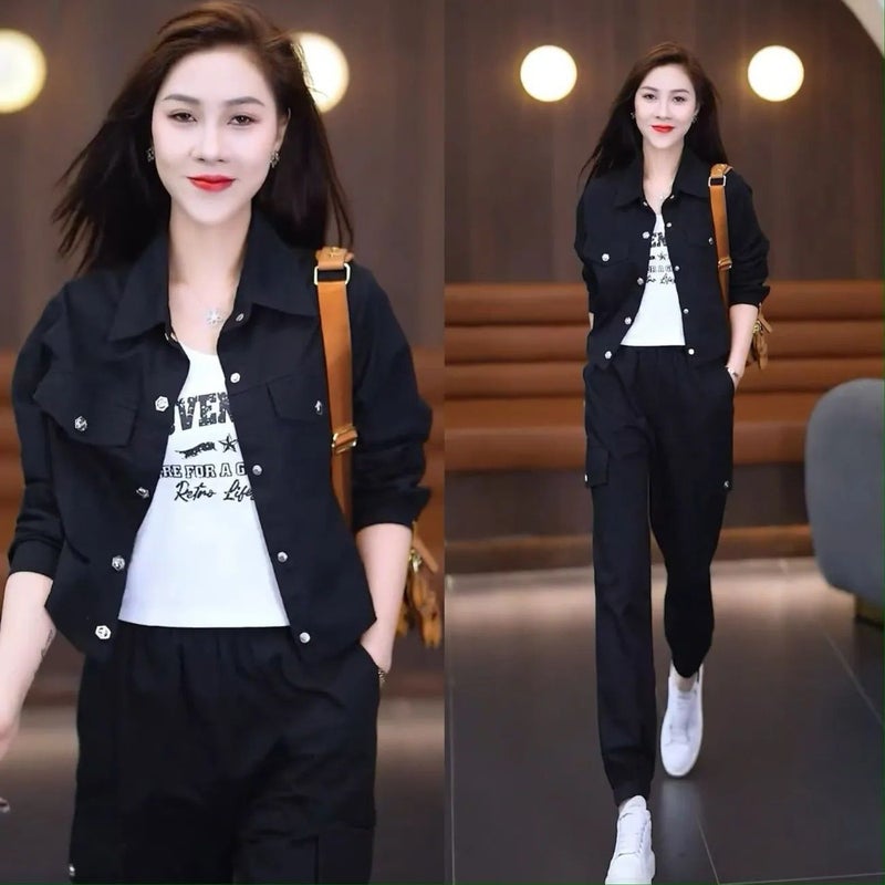 2026 Spring and Autumn New Fashion Sportswear Set for Women: Short Jacket and Versatile Jogger Cargo Pants Slimming Two-Piece Set - Image 2