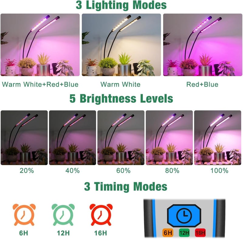 Garpsen Grow Lights for Indoor Plants, 2PCS 2 Heads Full Spectrum Led Grow Lights for Seed Starting, 80 LEDs Plant Grow Light, with Auto ON/Off 6/12/16H Timer, 5 Dimmable Levels (460nm/660nm/3000K) - Image 3