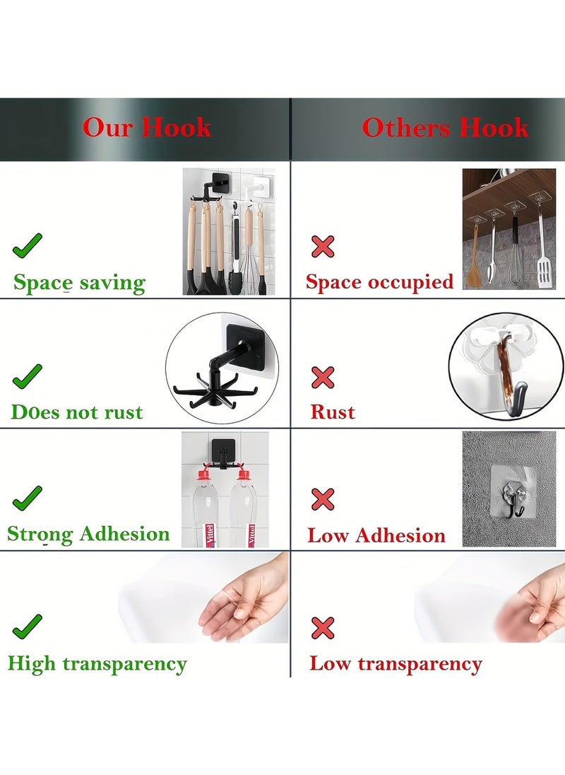 GNAFOTU - 360° Rotating Folding Hook, Multi-Purpose Self-Adhesive Utensil Holder with 6 Hooks for Kitchen & Bathroom, 180° Vertical Flip Utensil Rack for Space-Saving Storage - Image 1