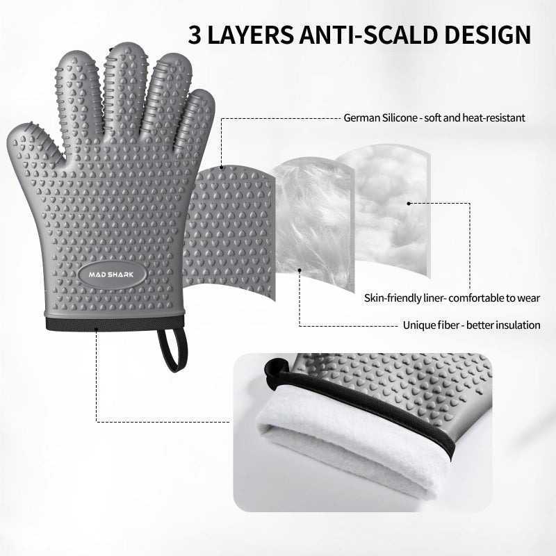 MAD SHARK Silicone Oven Mitts Heat Resistant 450 Degrees,Waterproof & Non-Slip Oven Gloves with Fingers,Cotton Lined Silicone Oven Gloves Kitchen Mitts for Baking Cooking Barbecue,Women,Oven (GREY1) - Image 5
