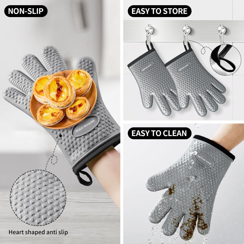 MAD SHARK Silicone Oven Mitts Heat Resistant 450 Degrees,Waterproof & Non-Slip Oven Gloves with Fingers,Cotton Lined Silicone Oven Gloves Kitchen Mitts for Baking Cooking Barbecue,Women,Oven (GREY1) - Image 3