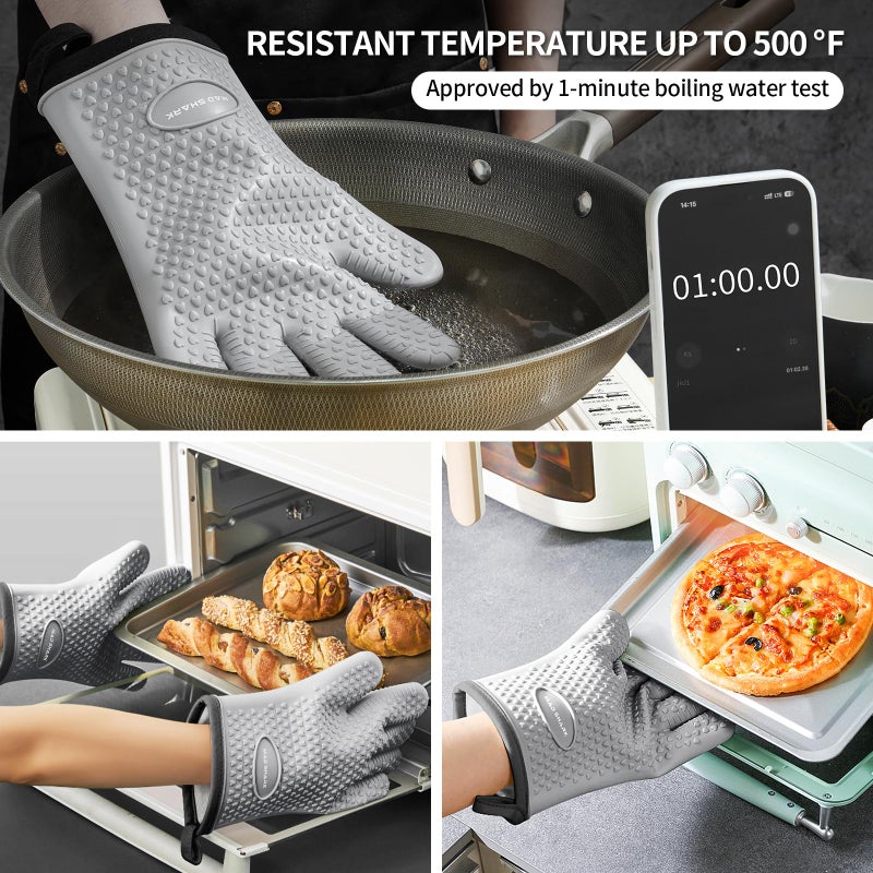 MAD SHARK Silicone Oven Mitts Heat Resistant 450 Degrees,Waterproof & Non-Slip Oven Gloves with Fingers,Cotton Lined Silicone Oven Gloves Kitchen Mitts for Baking Cooking Barbecue,Women,Oven (GREY1) - Image 2