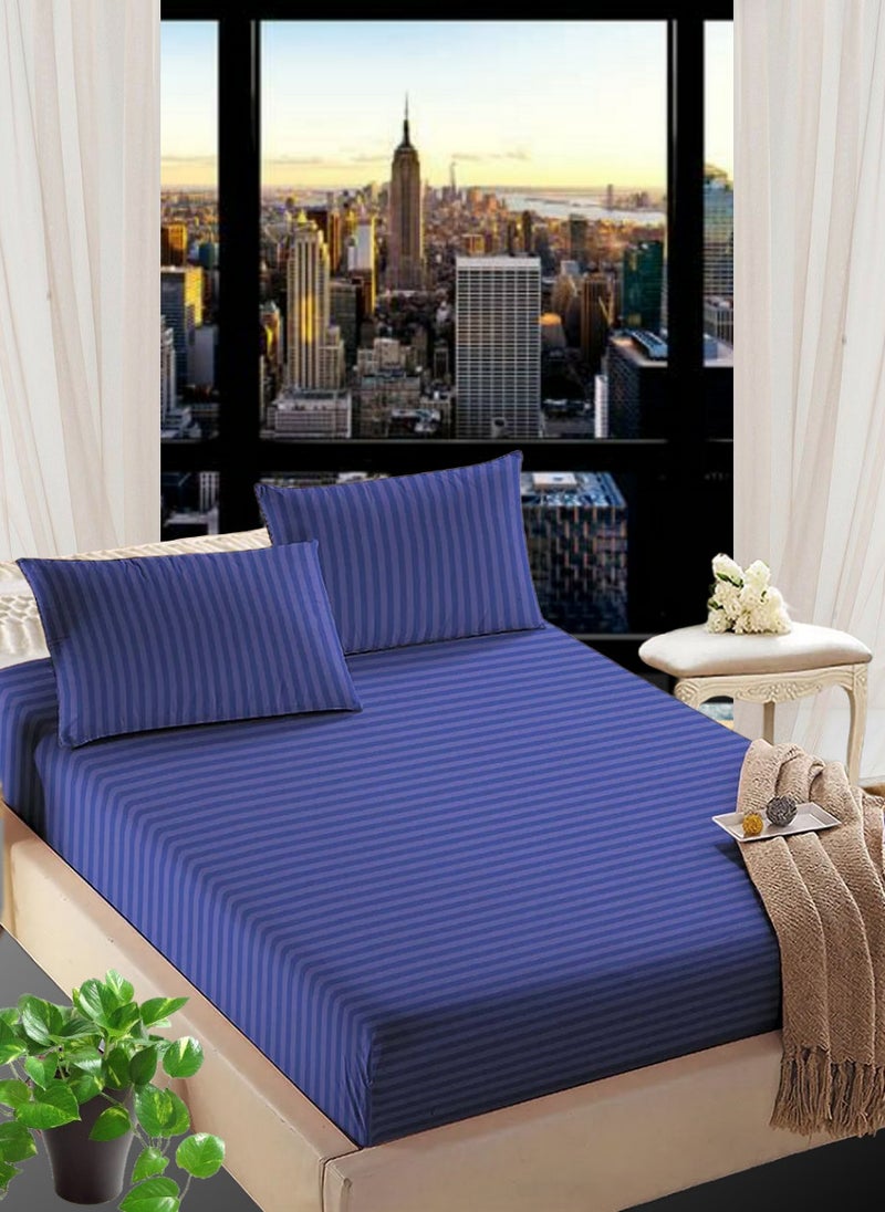Blueberry Navy Blue Double Size Striped Bed Sheet Set Cotton 150x200+35cm - Image 1