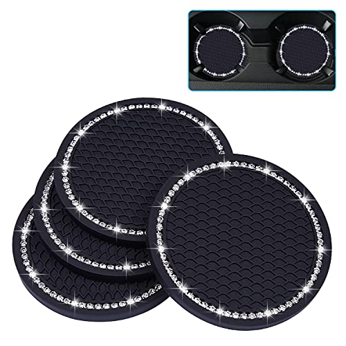 Wisdompro Bling Car Coasters, Wisdompro 4 Pack PVC Car Cup Holder Insert Coaster - Anti Slip Universal Vehicle Interior Accessories Crystal Glitter Cup Mats for Women and Men(2.75" Diameter, Black) - Image 1