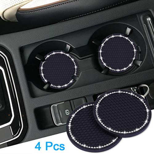 Wisdompro Bling Car Coasters, Wisdompro 4 Pack PVC Car Cup Holder Insert Coaster - Anti Slip Universal Vehicle Interior Accessories Crystal Glitter Cup Mats for Women and Men(2.75" Diameter, Black) - Image 2