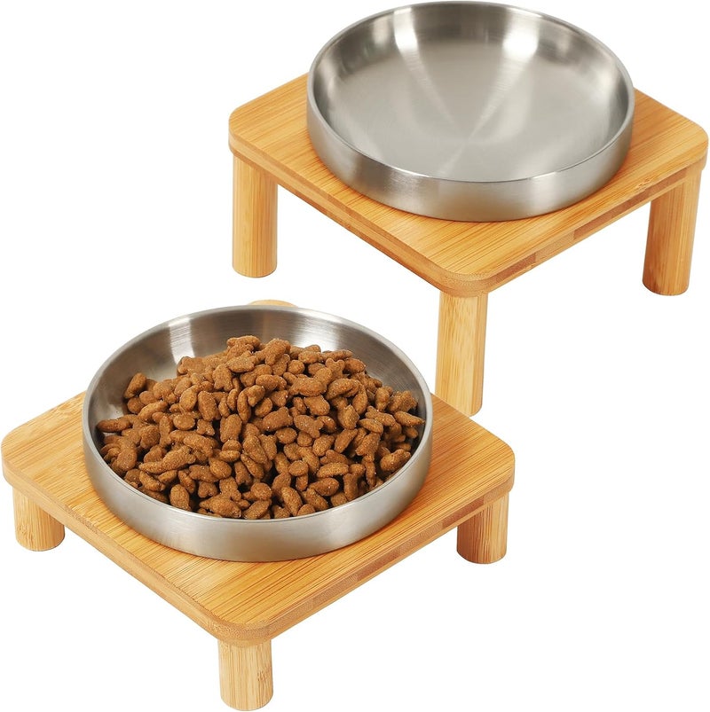 DoogCat Elevated Cat Bowls for Indoor Cats – Raised Bamboo Cat Bowl Stand with 5.5 Inch Wide Stainless Steel Dishes, Pet Food Table Plate for Easy Feeding, Whisker Friendly(Silver,Set of 2) - Image 1
