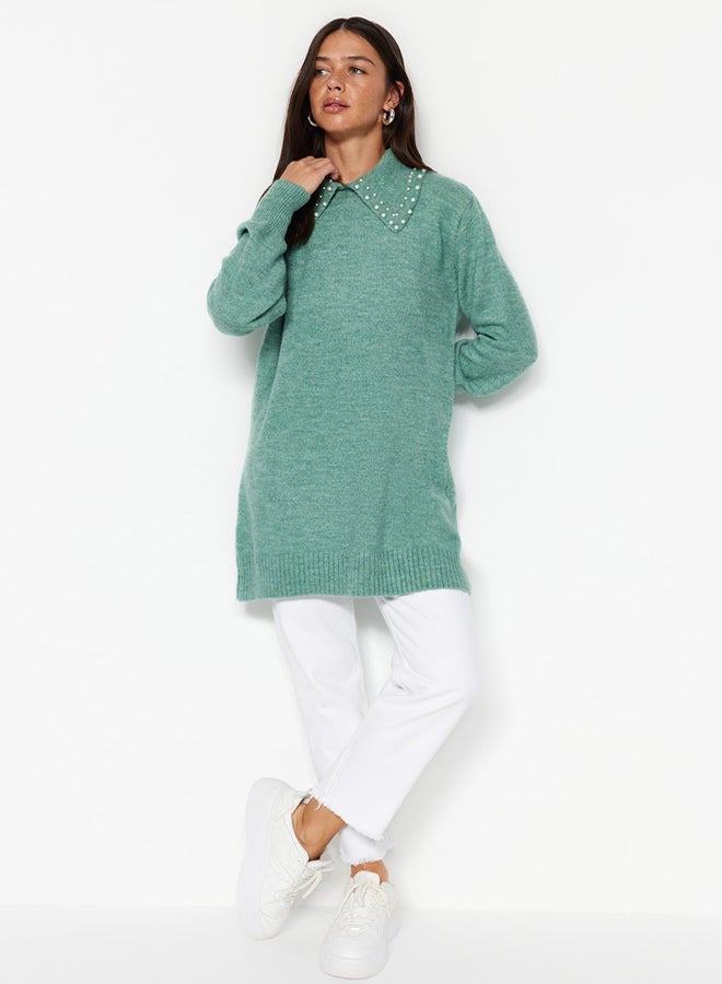 trendyol Turquoise Baby Collar Pearled Soft Knitwear Sweater - Image 2