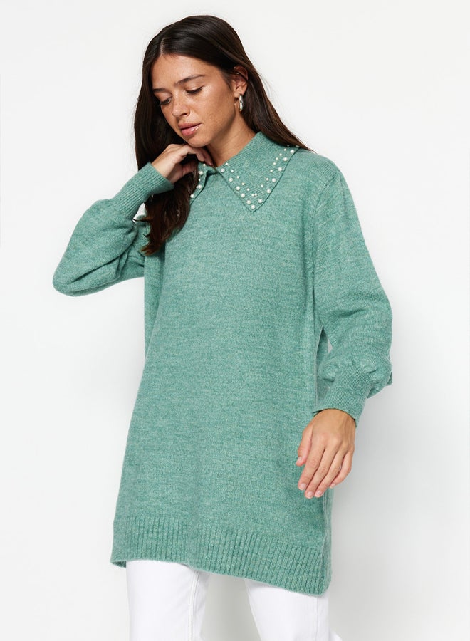 trendyol Turquoise Baby Collar Pearled Soft Knitwear Sweater - Image 1