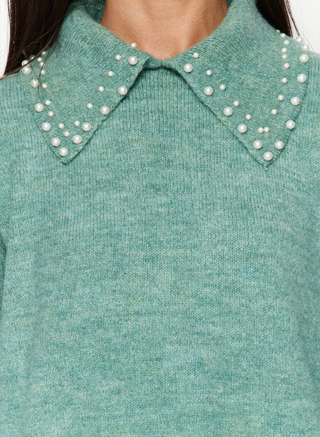 trendyol Turquoise Baby Collar Pearled Soft Knitwear Sweater - Image 4