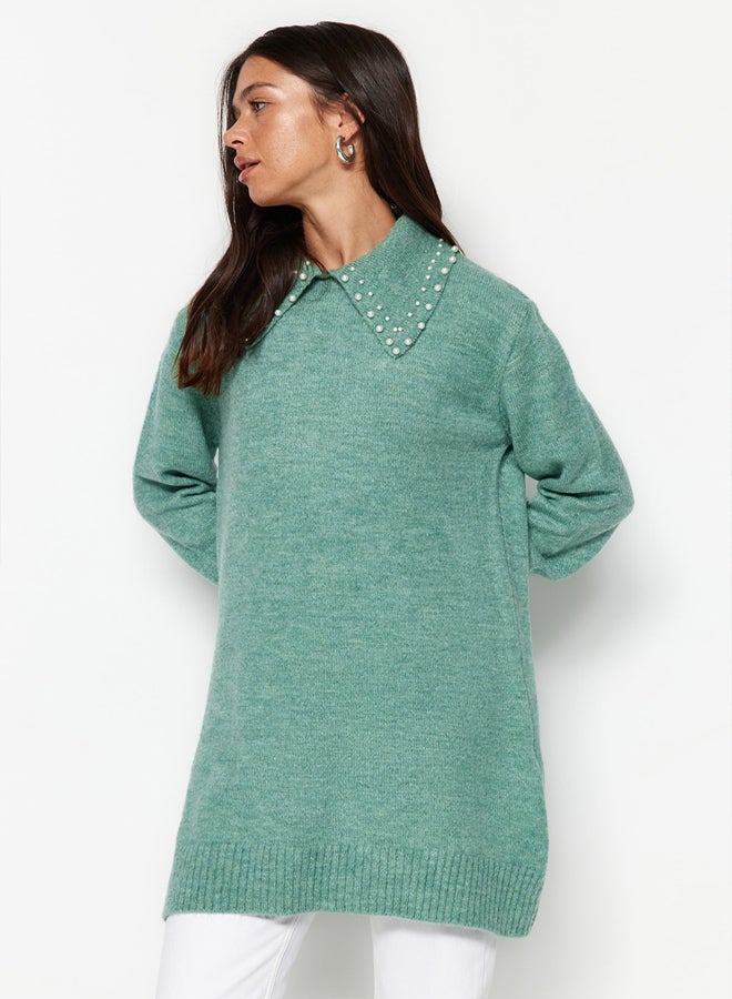 trendyol Turquoise Baby Collar Pearled Soft Knitwear Sweater - Image 3