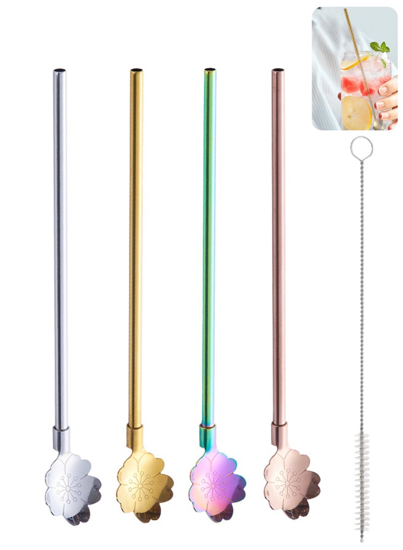 4 Pieces Reusable Spoon Straws, Stainless Steel Drinking Spoon Straws, Metal Cocktail Spoons Straws, Stirring Spoon Straws for Coffee and Juice, With Long Cleaning Brush  - Image 1