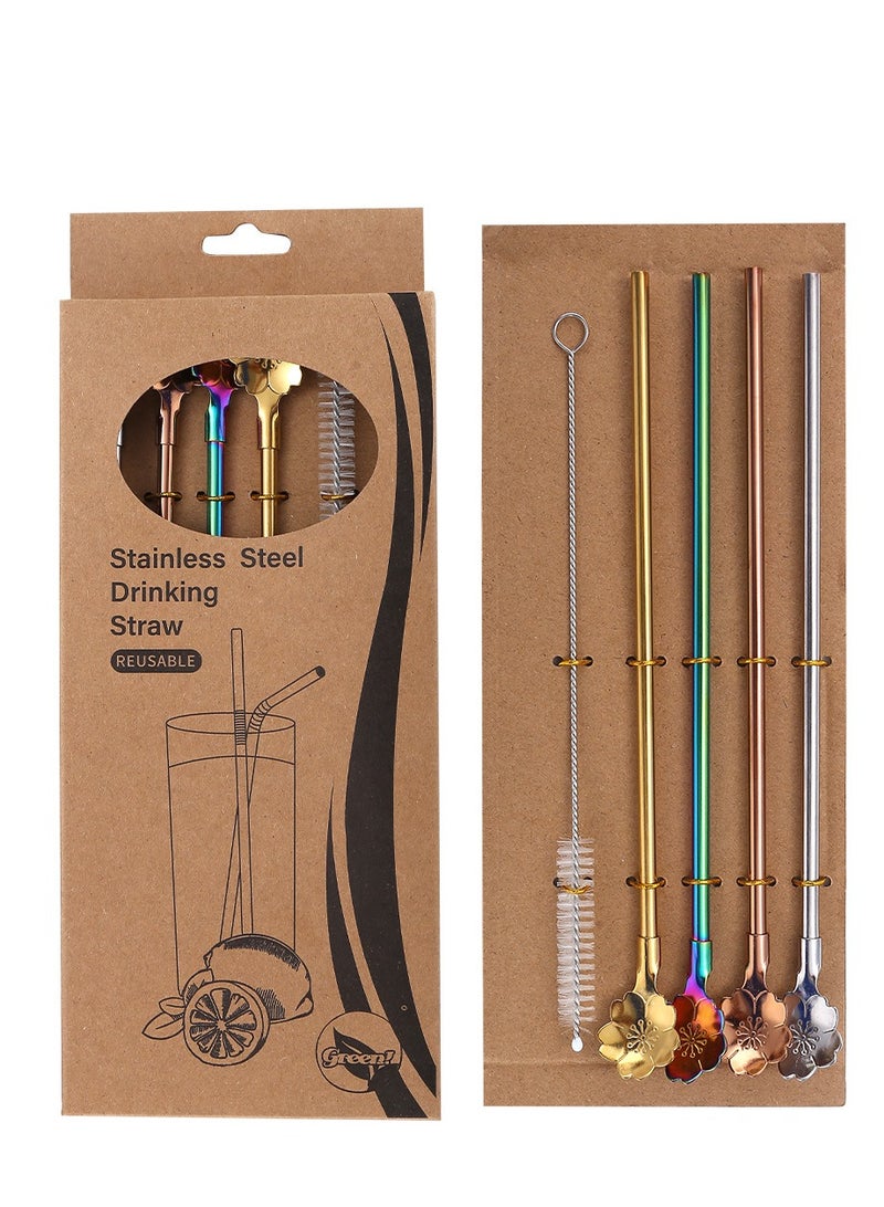 4 Pieces Reusable Spoon Straws, Stainless Steel Drinking Spoon Straws, Metal Cocktail Spoons Straws, Stirring Spoon Straws for Coffee and Juice, With Long Cleaning Brush  - Image 5