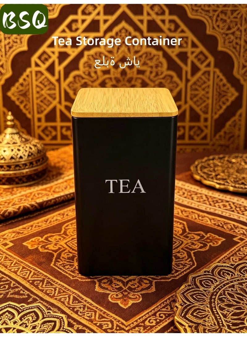 BSQ Airtight Tin Tea Storage Canister with Natural Wood Lid, Moisture Proof Light Blocking Tea Container for Home Kitchen Countertop - Image 1