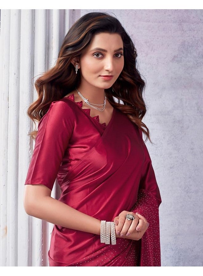 SIRIL Women's Satin Silk Saree | Sari for Women | Stone Work Sarees With Unstitched Blouse Piece (3111S417A_Maroon) - Image 3