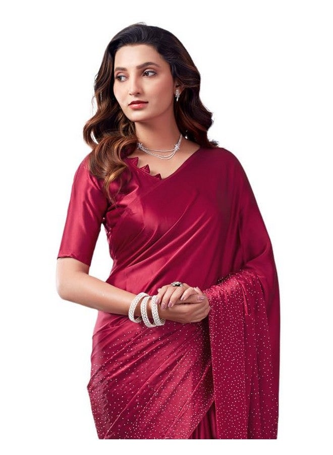SIRIL Women's Satin Silk Saree | Sari for Women | Stone Work Sarees With Unstitched Blouse Piece (3111S417A_Maroon) - Image 1