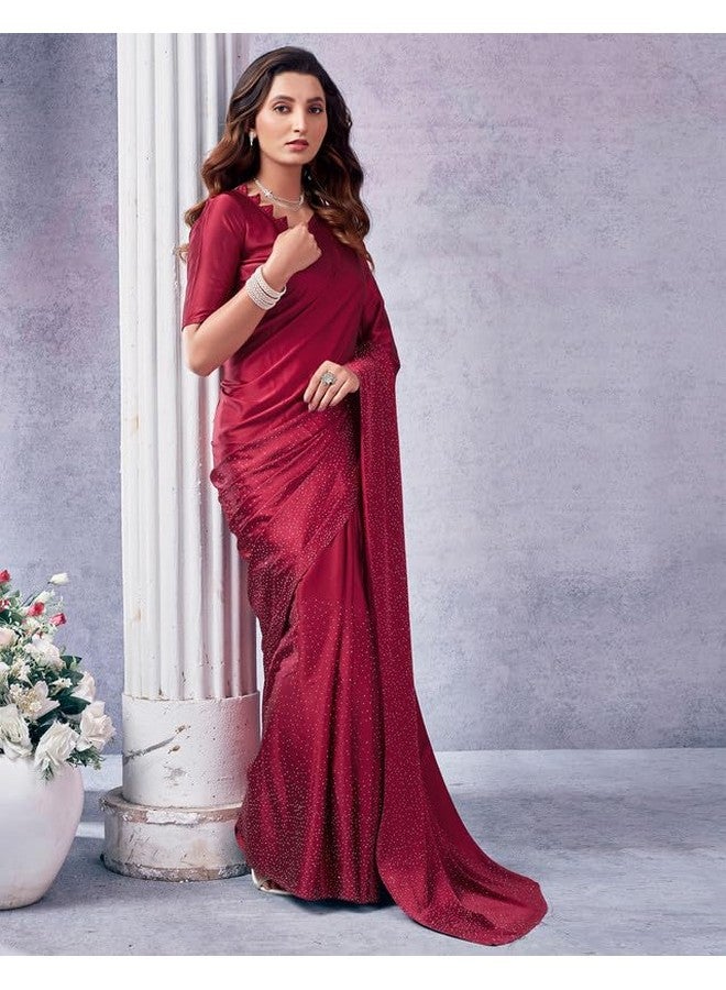 SIRIL Women's Satin Silk Saree | Sari for Women | Stone Work Sarees With Unstitched Blouse Piece (3111S417A_Maroon) - Image 2