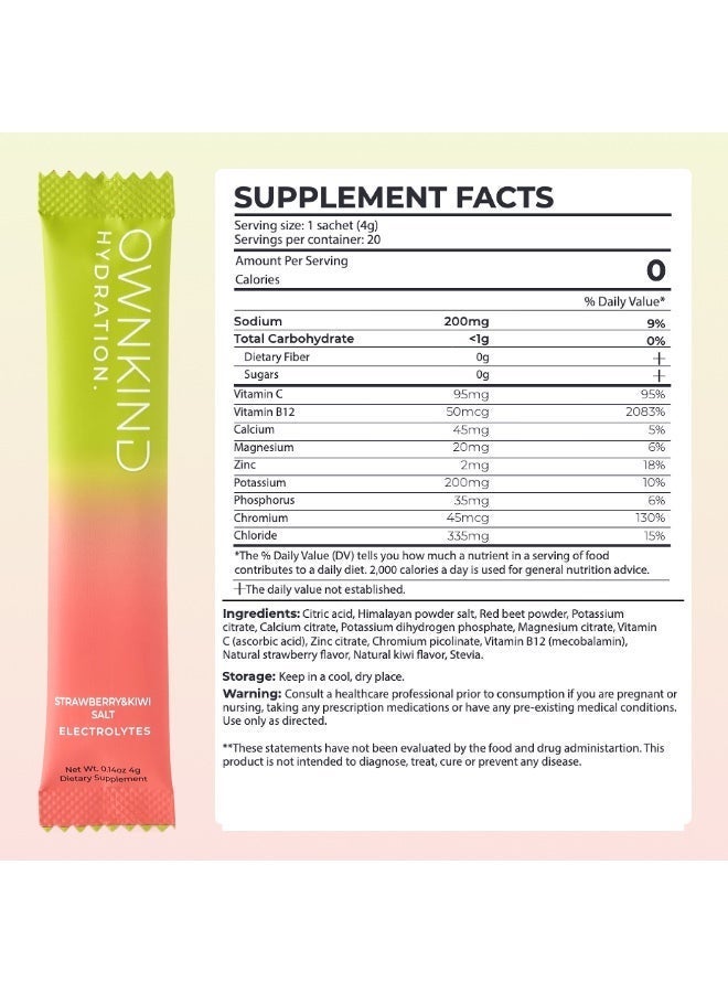 Ownkind Electrolytes Powder Sachets - Strawberry & Kiwi | Zero Sugar, All 6 Electrolytes, Hydration Multiplier W/Essential Minerals, Vitamins, Immune & Metabolic Functions. Vegan, Sugar & Gluten Free