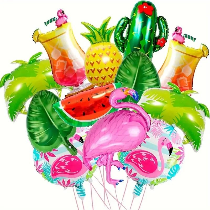 Atpata Funky 12pcs Tropical Theme Foil Balloons Combo Flamingo Cactus Palm Trees Watermelon Pineapple Cocktail Glasses Leaves for Luau Hawaii Aloha Summer Birthday Kitty Party Decorations - Image 1