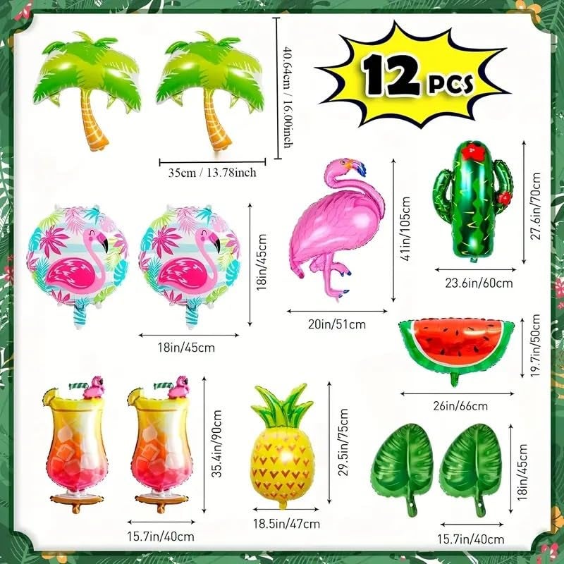 Atpata Funky 12pcs Tropical Theme Foil Balloons Combo Flamingo Cactus Palm Trees Watermelon Pineapple Cocktail Glasses Leaves for Luau Hawaii Aloha Summer Birthday Kitty Party Decorations - Image 2