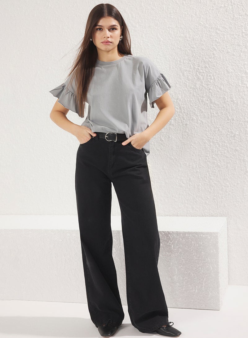 trendyol Crew Neck Gray Knitted T-Shirt - 100% Cotton with Ruffle Detail Twoss22Ts2429 - Image 5