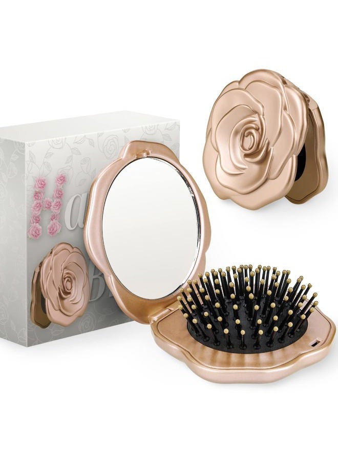 Ancable فرشاة شعر قابلة للطي، مرآة سفر صغيرة، فرشاة سهلة الحمل للمساحات الصغيرة، فرشاة/مشط/فرشاة شعر من النايلون للنساء والرجال لجميع تسريحات الشعر والشعر واللحية، رطب وجاف، لاستعادة اللمعان، شامبانيا - Image 1