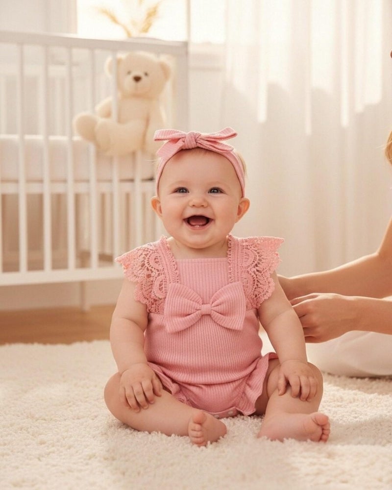 Renotemy Infant Baby Girl Clothes 3-6 Months Summer Outfit Cotton Linen Romper Clothes Coming Home Outfits Gifts for Girls Newborn Essentials Pink Lace Sleeve Bodysuit Baby Jumpsuit with Headband - Image 3