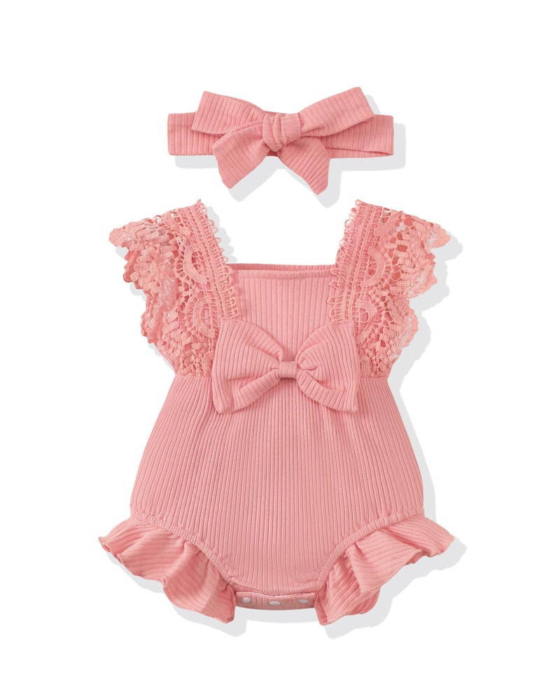 Renotemy Infant Baby Girl Clothes 3-6 Months Summer Outfit Cotton Linen Romper Clothes Coming Home Outfits Gifts for Girls Newborn Essentials Pink Lace Sleeve Bodysuit Baby Jumpsuit with Headband - Image 1