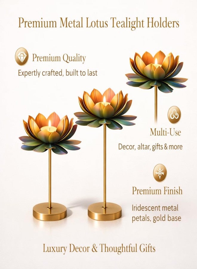 AGAAS ENTERPRISES Metal Lotus Flower Tealight Candle Holder Set of 3 | Diwali Decoration Items for Home | Pooja Room Decor | Table Centerpiece | Diya Stand | Multicolour Golden Finish | Candles Included - Image 4