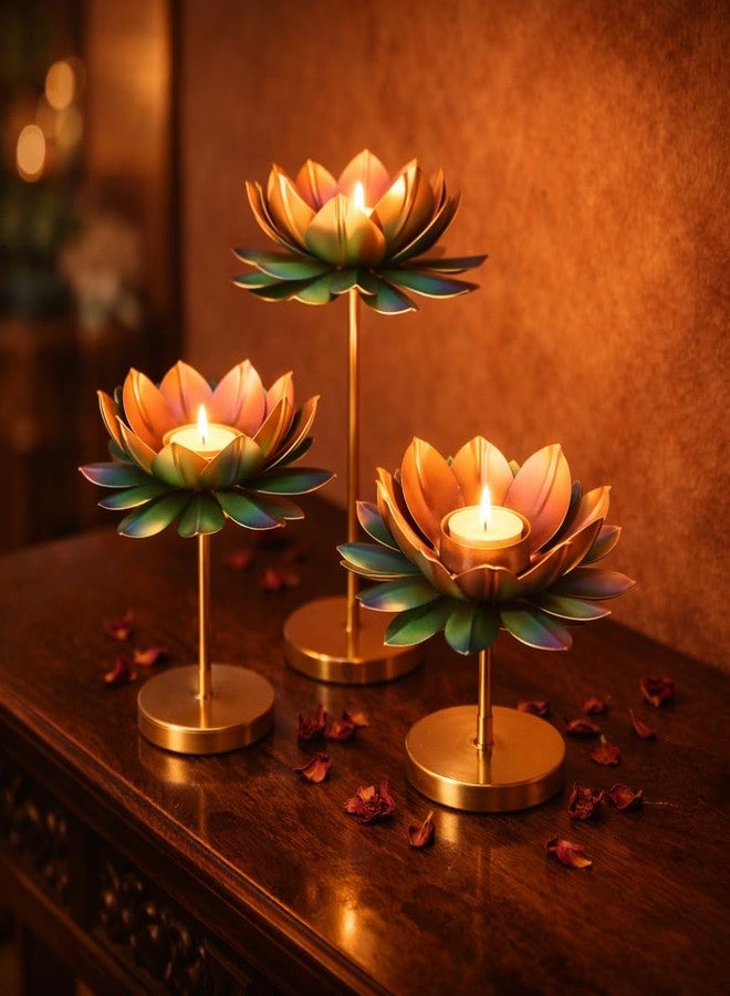 AGAAS ENTERPRISES Metal Lotus Flower Tealight Candle Holder Set of 3 | Diwali Decoration Items for Home | Pooja Room Decor | Table Centerpiece | Diya Stand | Multicolour Golden Finish | Candles Included - Image 1