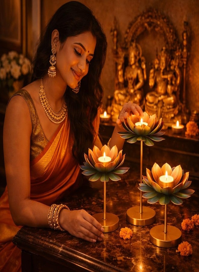 AGAAS ENTERPRISES Metal Lotus Flower Tealight Candle Holder Set of 3 | Diwali Decoration Items for Home | Pooja Room Decor | Table Centerpiece | Diya Stand | Multicolour Golden Finish | Candles Included - Image 3