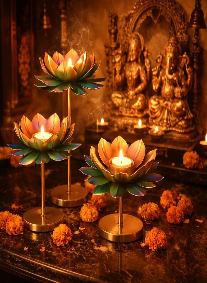 AGAAS ENTERPRISES Metal Lotus Flower Tealight Candle Holder Set of 3 | Diwali Decoration Items for Home | Pooja Room Decor | Table Centerpiece | Diya Stand | Multicolour Golden Finish | Candles Included - Image 2