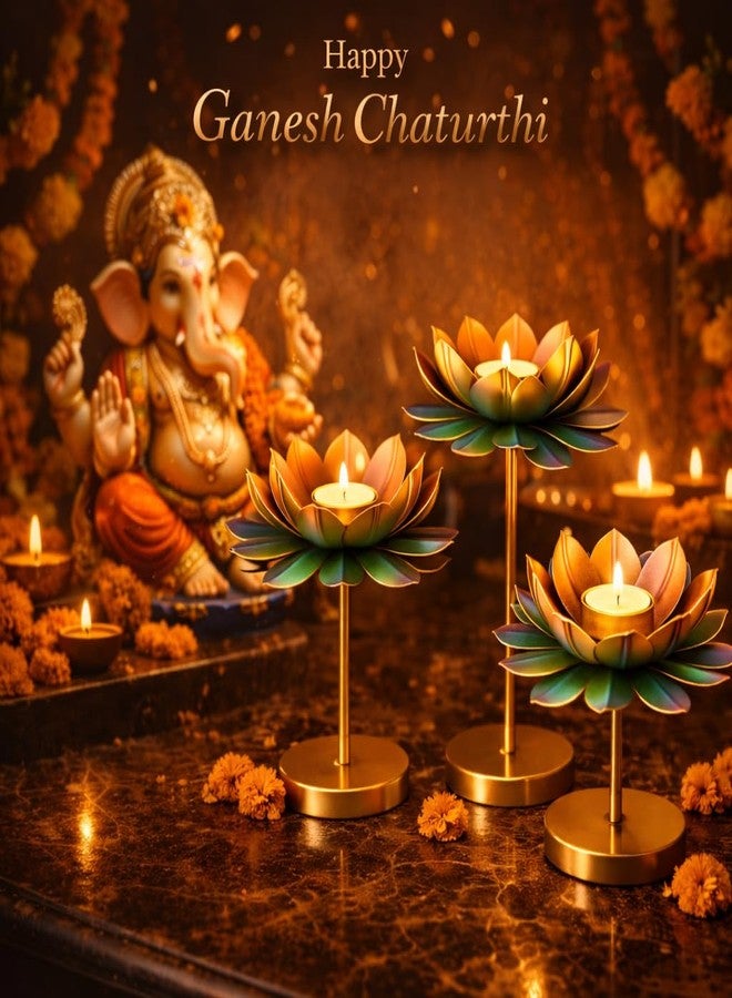 AGAAS ENTERPRISES Metal Lotus Flower Tealight Candle Holder Set of 3 | Diwali Decoration Items for Home | Pooja Room Decor | Table Centerpiece | Diya Stand | Multicolour Golden Finish | Candles Included - Image 5
