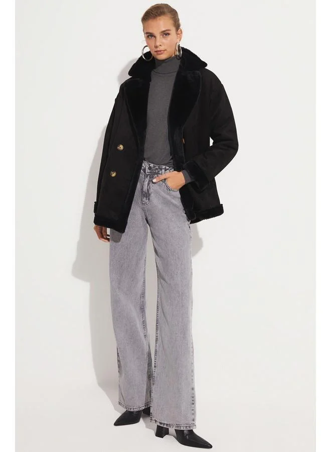 جون June Pu Fur Buttoned Biker Coat Black