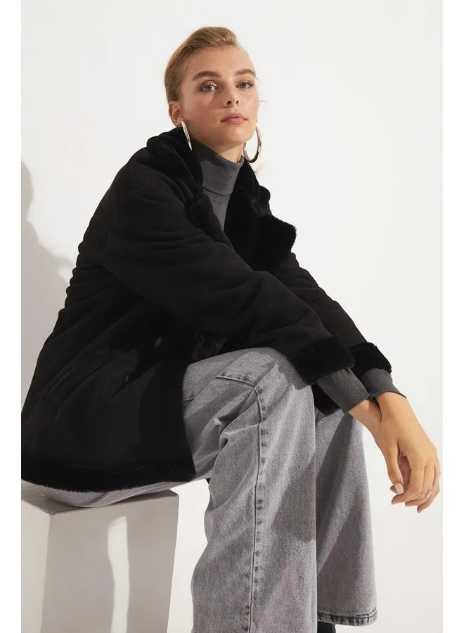 جون June Pu Fur Buttoned Biker Coat Black