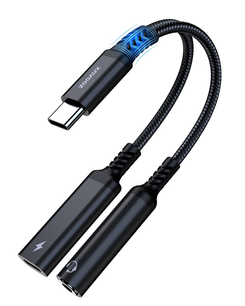 ZOOAUX محول ZOOAUX USB C إلى 3.5 مم لسماعات الرأس والشاحن، 2 في 1 USB C إلى جاك صوت Aux مع كابل دنجلي للشحن السريع PD 60W لجهاز Galaxy S23/S22/S21/S20 Ultra، iPad Pro، Pixel (أسود) - Image 1