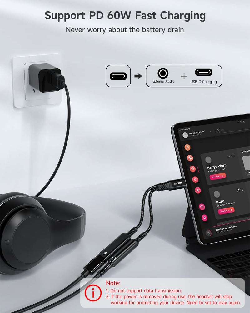 ZOOAUX محول ZOOAUX USB C إلى 3.5 مم لسماعات الرأس والشاحن، 2 في 1 USB C إلى جاك صوت Aux مع كابل دنجلي للشحن السريع PD 60W لجهاز Galaxy S23/S22/S21/S20 Ultra، iPad Pro، Pixel (أسود) - Image 3