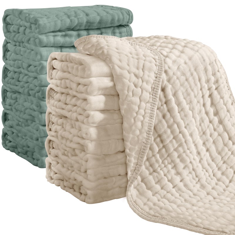 Looxii Muslin Burp Cloths 100% Cotton Muslin Cloths 12 Pack Large 20''x10'' Extra Soft and Absorbent Baby Burping Cloth for Boys and Girls (Apricot+DarkGreen) - Image 1