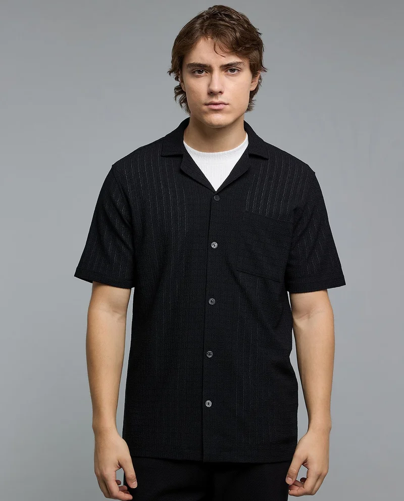 R&B Textured Shirt with Revere Collar and Short Sleeves