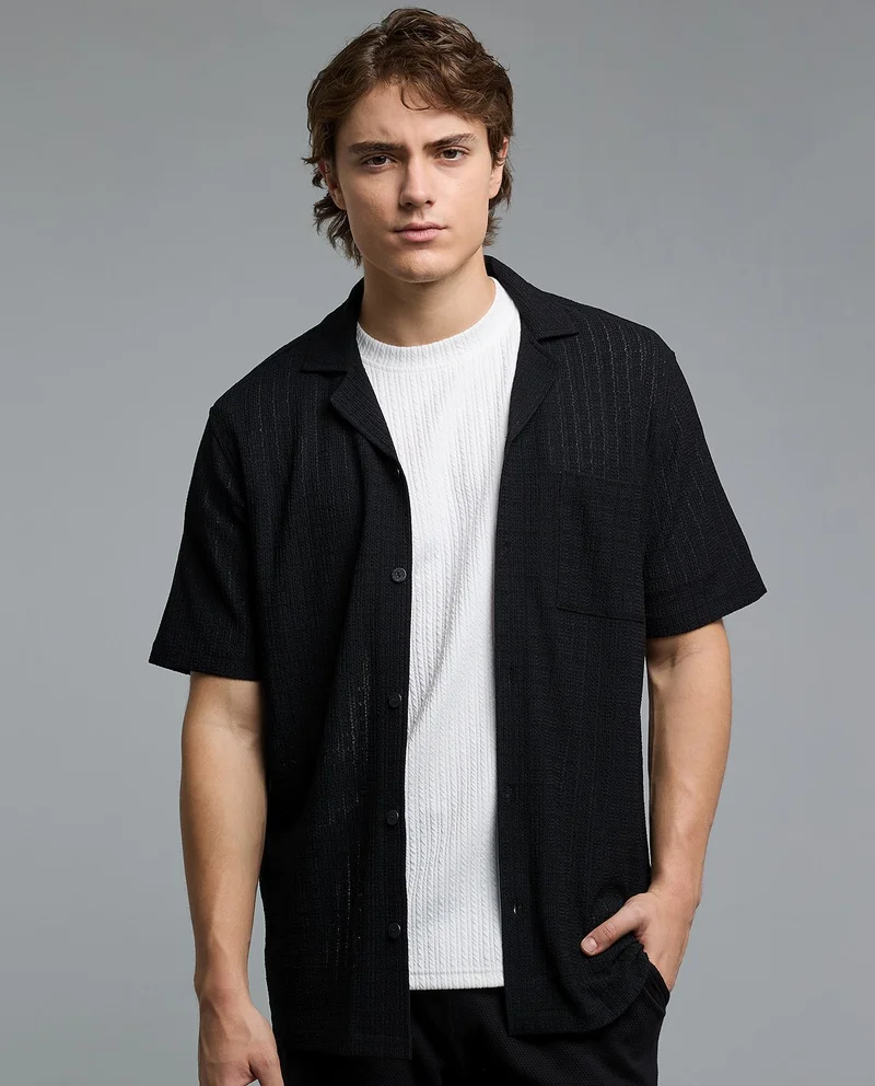 R&B Textured Shirt with Revere Collar and Short Sleeves