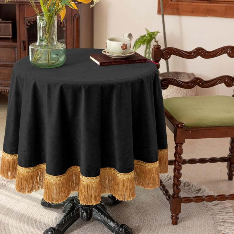 F-CHU Black 70 Inch Round Tablecloth Thickset Velvet Tablecloth with Beautiful Gold Tassels Vintage Table Cloth for Home Decor Wedding, Party, Banquet and Events 70" Round - Image 2