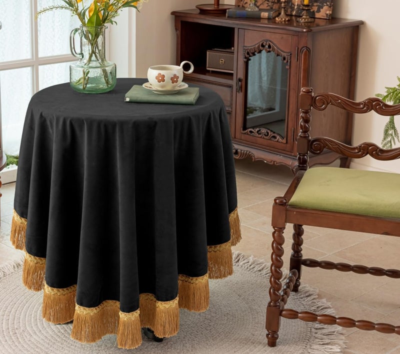 F-CHU Black 70 Inch Round Tablecloth Thickset Velvet Tablecloth with Beautiful Gold Tassels Vintage Table Cloth for Home Decor Wedding, Party, Banquet and Events 70" Round - Image 1