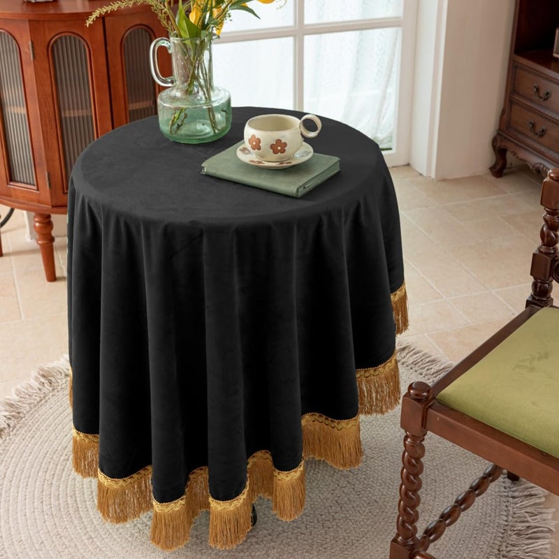 F-CHU Black 70 Inch Round Tablecloth Thickset Velvet Tablecloth with Beautiful Gold Tassels Vintage Table Cloth for Home Decor Wedding, Party, Banquet and Events 70" Round - Image 3