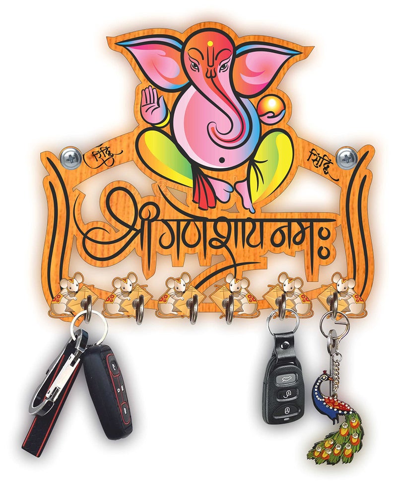 Crafts World Big Size Ganesh Wooden Key Holder for Wall Decor | Multicolor Printed Key Holder with 6 Stainless Steel Hooks | Decorative Key Stand for Home, Living Room & Entrance - Image 1
