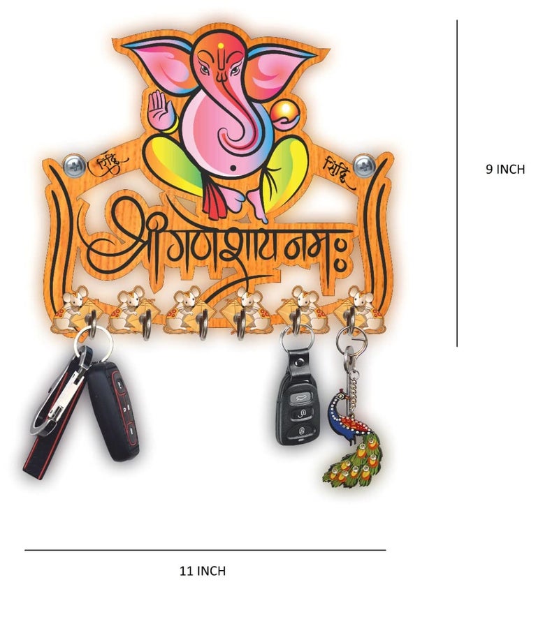 Crafts World Big Size Ganesh Wooden Key Holder for Wall Decor | Multicolor Printed Key Holder with 6 Stainless Steel Hooks | Decorative Key Stand for Home, Living Room & Entrance - Image 2