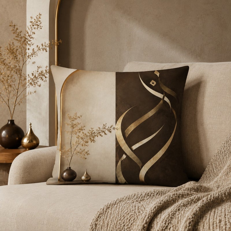 طقم 4 أغطية وسائد فاخرة بتصميم خط عربي ذهبي وبني ديكور عصري للكنب - Image 4