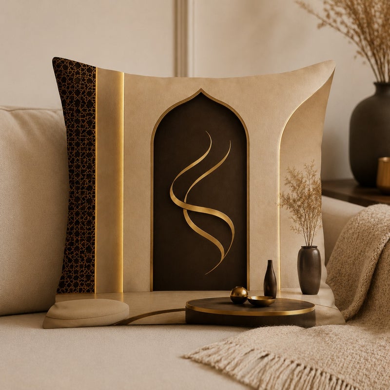 طقم 4 أغطية وسائد فاخرة بتصميم خط عربي ذهبي وبني ديكور عصري للكنب - Image 3