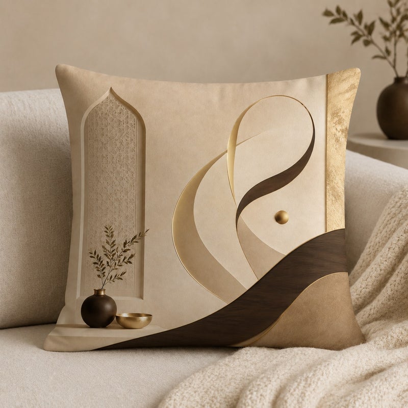 طقم 4 أغطية وسائد فاخرة بتصميم خط عربي ذهبي وبني ديكور عصري للكنب - Image 5