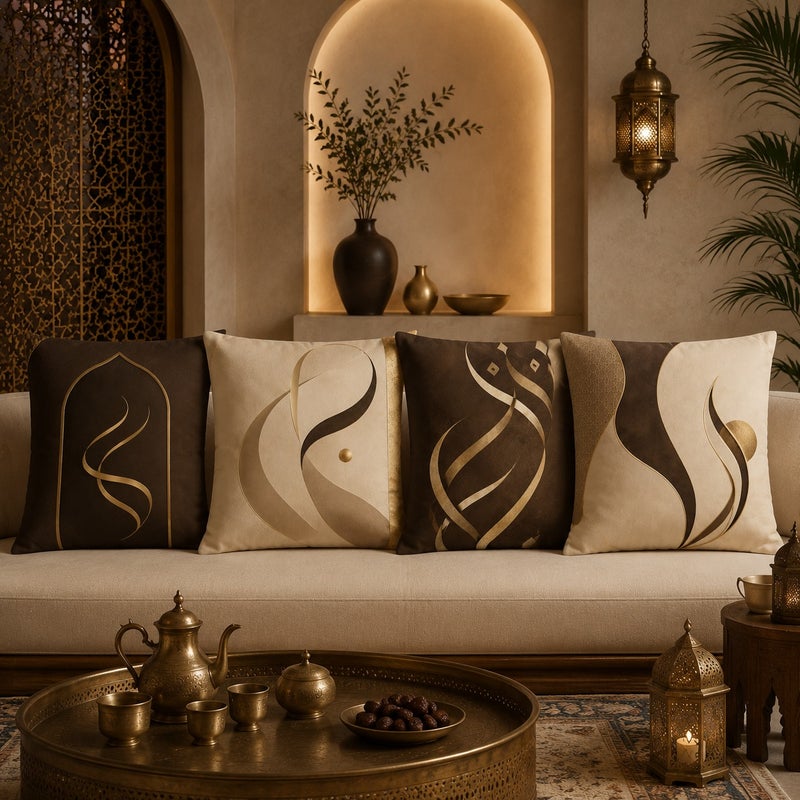 طقم 4 أغطية وسائد فاخرة بتصميم خط عربي ذهبي وبني ديكور عصري للكنب - Image 2