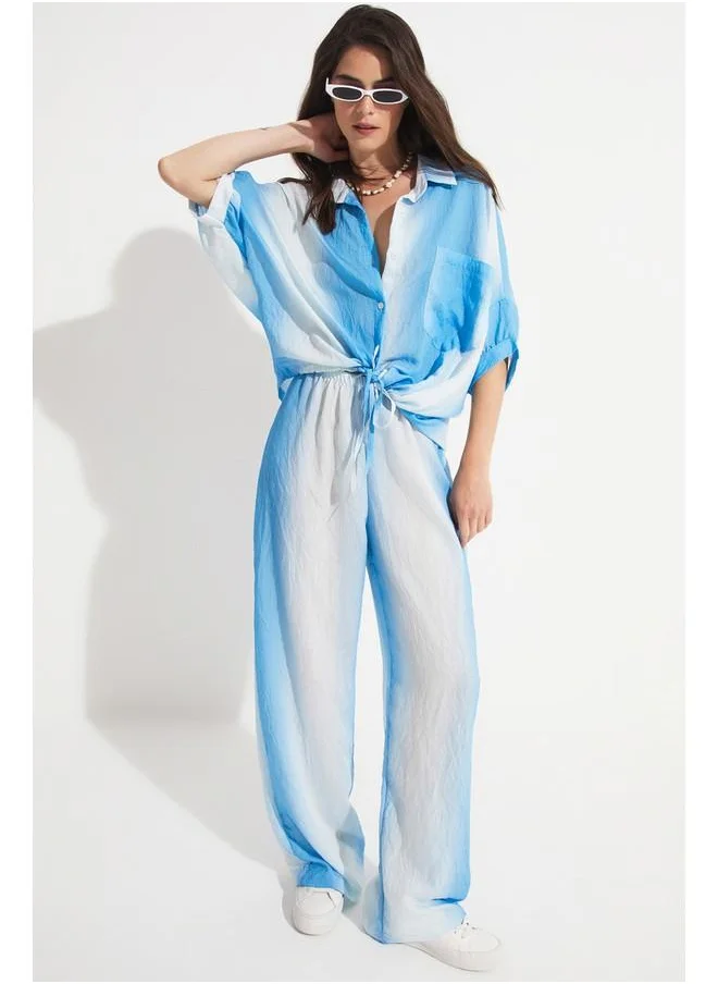 JUNE June Women Viscose Blend Shirt Trouser Set Blue